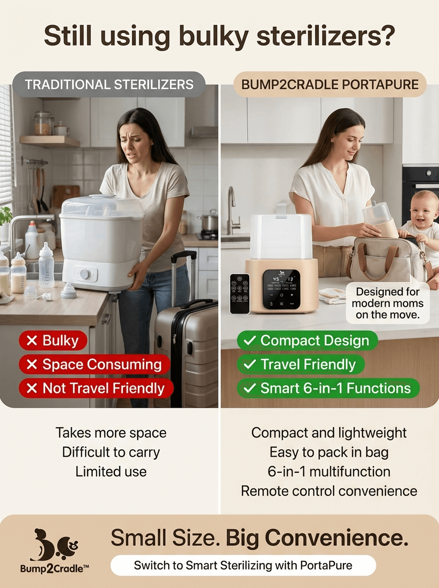 PortaPure 6 in 1 Steam Sterilizer  with Remote Control | Baby Bottle Sterilizer, Breast milk thawing ,Travel Friendly | For Bottles, Pump Parts & Baby accessories